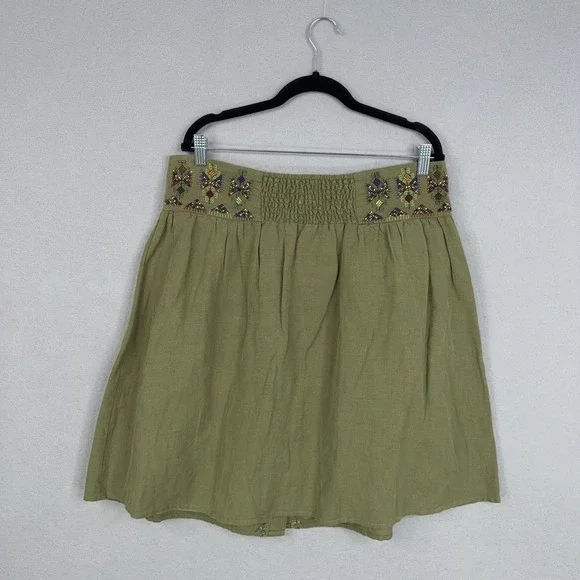 Maeve Skirt Womens 14 Green Embroidered Button A-Line Linen Blend Boho Fairy - Picture 8 of 15